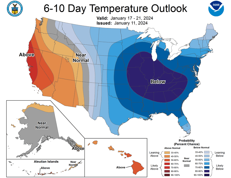 10 day temperature outlook from the Climate Prediction Center