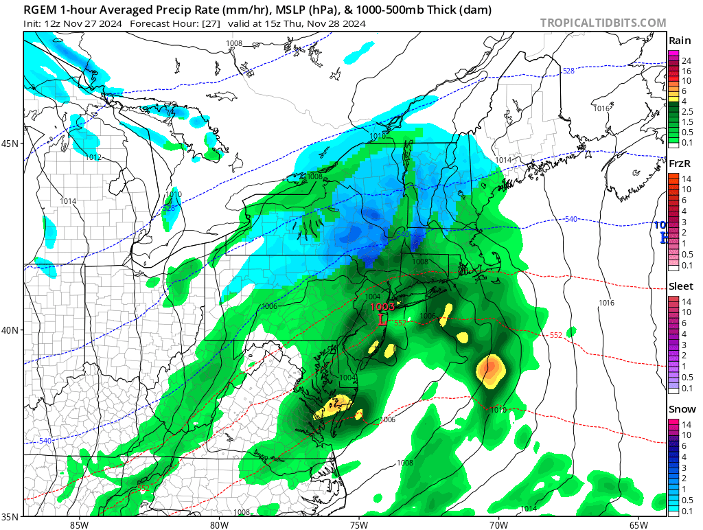 Weather Forecast Model valid Thanksgiving Day showing Rain and Snow