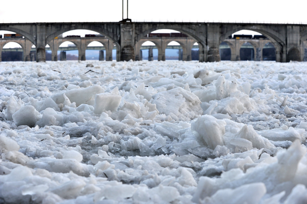 ice jam along a the Susquehanna River